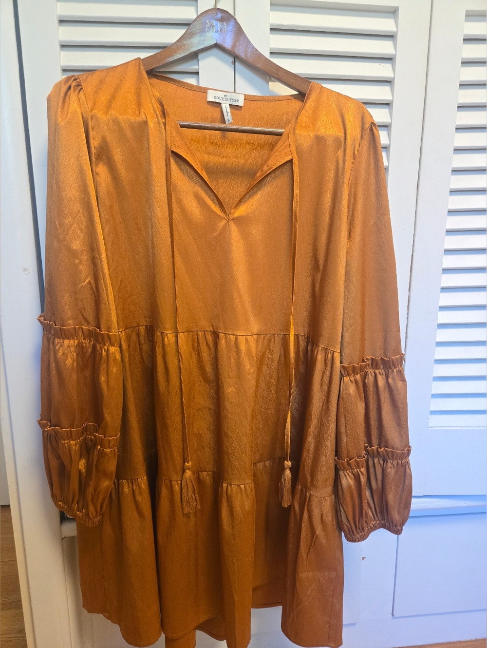 Emmie Rose Rust Orange Tiered Satin Dress with Tassel Tie